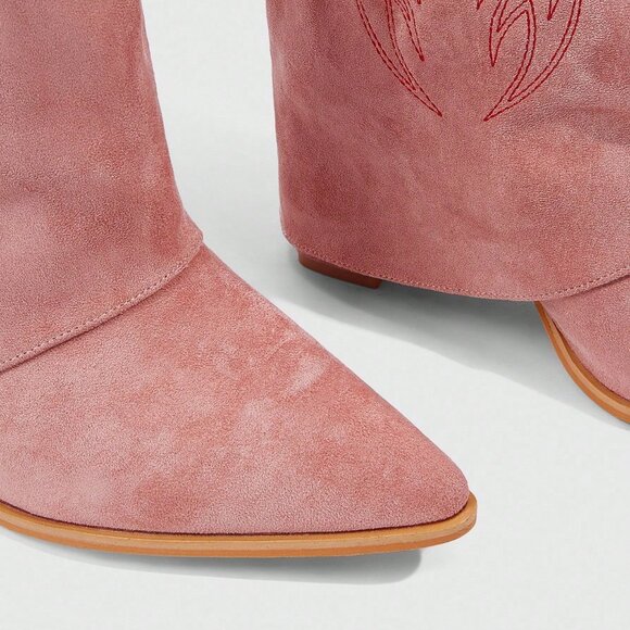 Pink Western Women's Pointed Toe Tall Chunky Heel Suede Fringe Boots - Picture 3 of 3